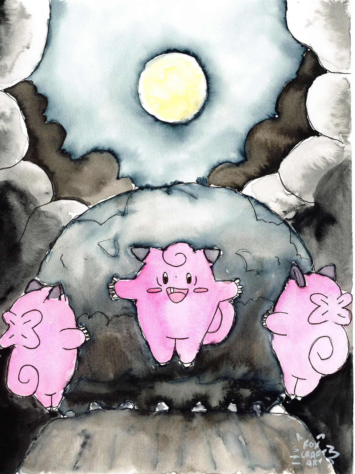 Clefairy Moon Dance Watercolor Painting