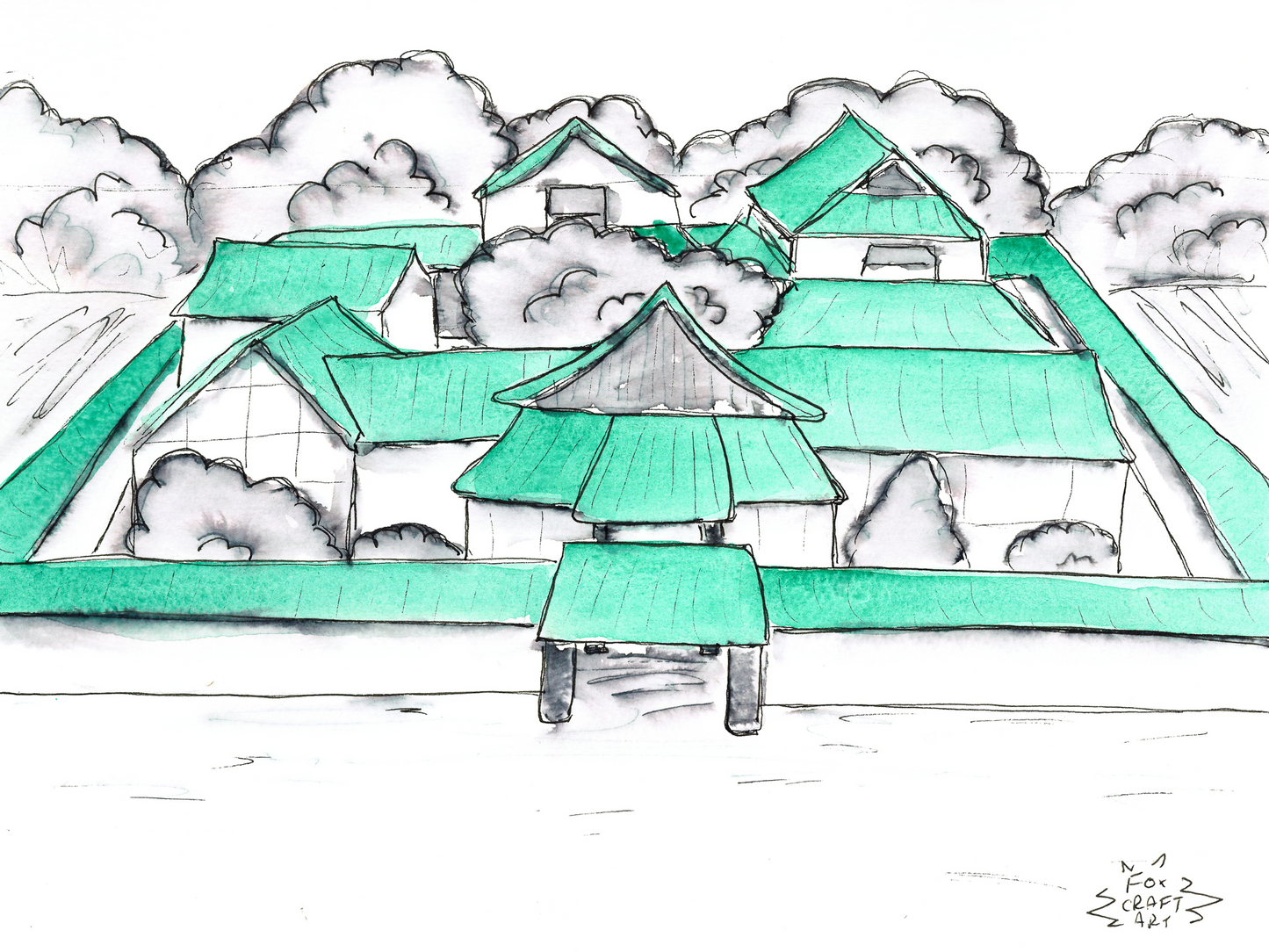 Fuchsia City Gym Watercolor Painting