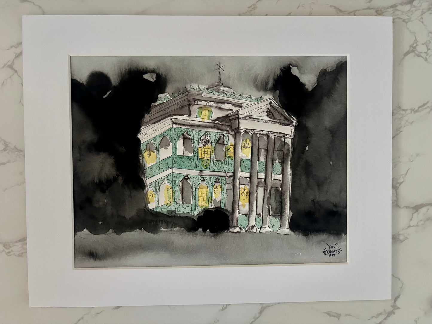 Amusement Park Haunted House Watercolor Painting
