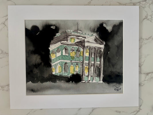 Amusement Park Haunted House Watercolor Painting