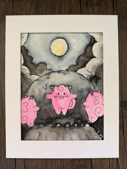Clefairy Moon Dance Watercolor Painting
