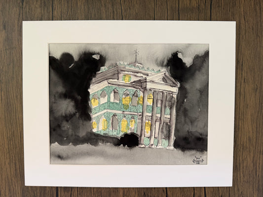 Amusement Park Haunted House Watercolor Painting
